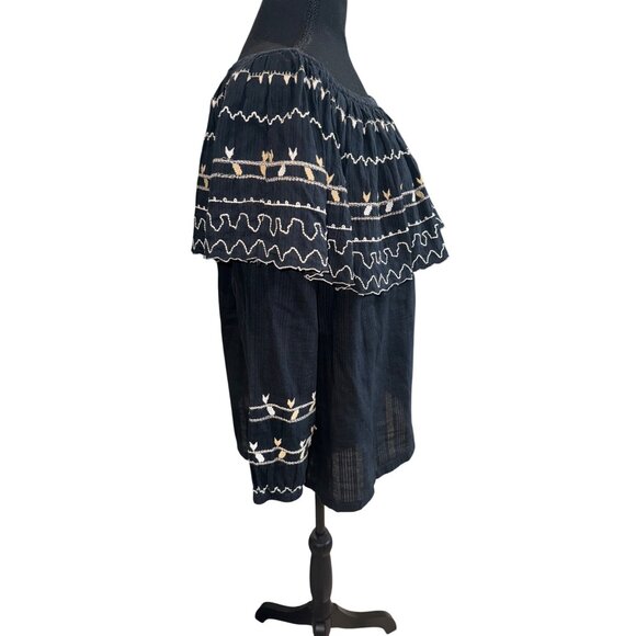 Reba Off-Shoulder Peasant Top Embroidery Black Boho Cottage Size L 100% Cotton - Picture 6 of 8